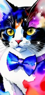 Watercolor cat with a blue bowtie and colorful splash background.