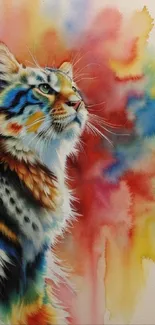 Vibrant watercolor cat artwork with rainbow colors.