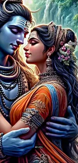 Artistic depiction of a couple's romantic embrace in traditional attire.