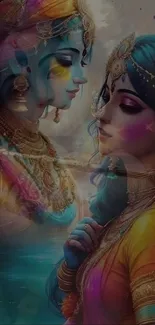 Colorful artistic portrait of a serene, traditional couple.