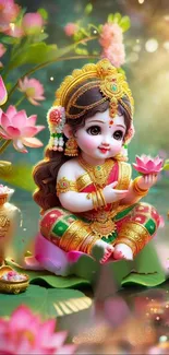 Divine doll surrounded by lotus flowers in vibrant colors.