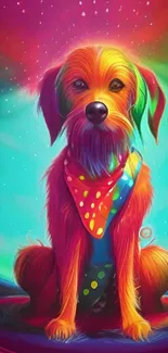 Colorful artistic dog with vibrant, multicolored background.