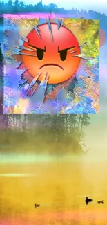 Colorful emoji with vibrant abstract background and serene scenery.