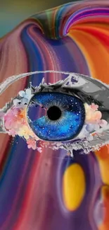 Colorful eye with floral accents over abstract swirls