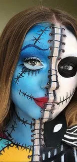 Creative and colorful face makeup design for Halloween.