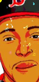 A stylized face with musical notes on a vibrant yellow background.