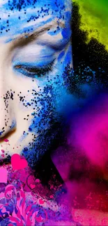 Colorful artistic face with vibrant hues and abstract design.