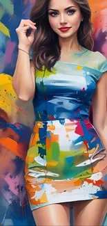 Woman in vibrant colorful dress with abstract background.