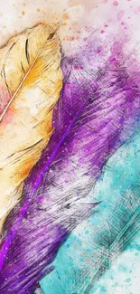 Vibrant artistic wallpaper with colorful feathers.