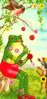 Frog playing flute in a vibrant natural setting.