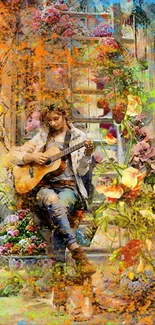 Artistic wallpaper with guitarist and flowers.