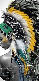 Artistic wallpaper of a woman with a colorful feathered headdress.