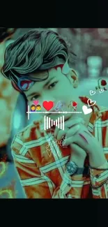 Stylish person with hearts and emojis in vibrant colors.