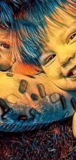 Colorful artistic portrait of smiling kids with textured design.