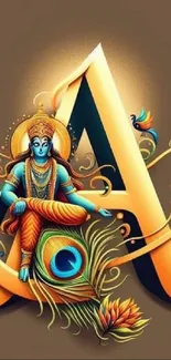 Colorful mobile wallpaper with Lord Krishna sitting within a large letter 'A' design.