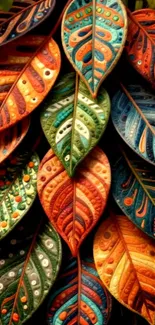 Vibrant, artistic leaf pattern in various colors.