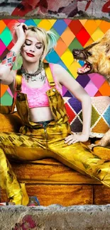 Vibrant wallpaper featuring a character in yellow overalls with a colorful backdrop.