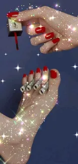 Artistic and glittery nail art wallpaper with red polish.