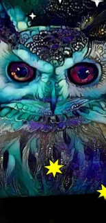 Vibrant artistic owl illustration with cosmic colors.