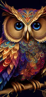 Colorful artistic owl on branch with vivid hues.