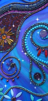 Vibrant mobile wallpaper with colorful beadwork and swirls on a blue background.