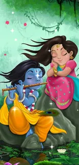 Artistic wallpaper of Krishna playing flute with Radha in nature.