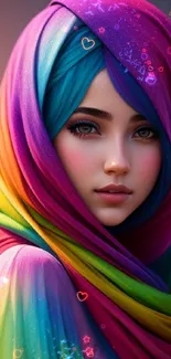 Vibrant portrait with rainbow colors and a colorful scarf.