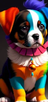 A vibrant and colorful artistic puppy with a playful scarf.