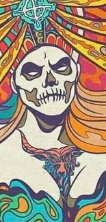 Vibrant skull art wallpaper with colorful abstract patterns