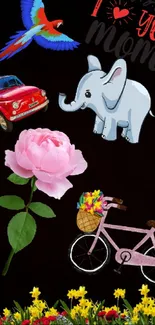 Colorful wallpaper with a parrot, elephant, and flowers for Mother's Day.