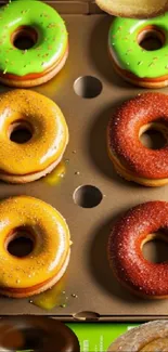 Box of assorted colorful glazed donuts.