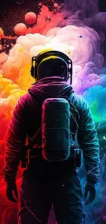 Colorful astronaut surrounded by vibrant cosmic clouds.