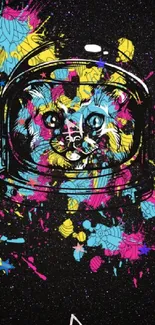 Colorful cat in astronaut helmet on a black starry background.