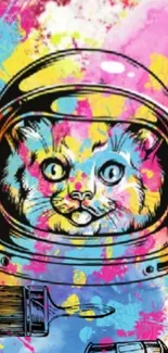 Colorful astronaut cat with vibrant paint splashes.