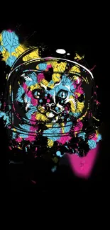 Colorful cosmic cat in space helmet on black background.