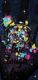 Colorful cat astronaut on palm in starry space background with inspirational text.