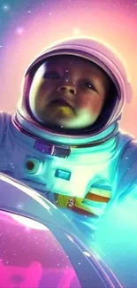 Child dressed as astronaut in colorful space scene.