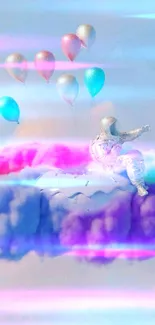 Astronaut sitting on colorful cloud with pastel balloons in a dreamy sky.