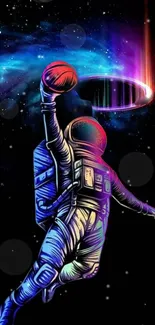 Astronaut dunking in colorful cosmic space for phone wallpaper.