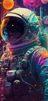 Psychedelic astronaut in a colorful galaxy with neon and celestial elements.