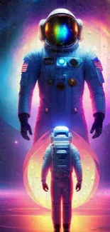 Vivid and colorful astronaut in a surreal galactic backdrop.