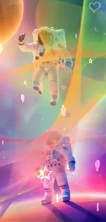 Colorful space art with astronauts floating in a vibrant galaxy.