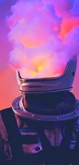 Astronaut with colorful cloud head in a surreal wallpaper.