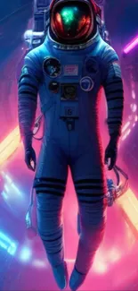 Futuristic astronaut floating in a vibrant neon tunnel.