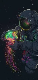 Astronaut holds glowing jellyfish under a starry sky in neon hues.