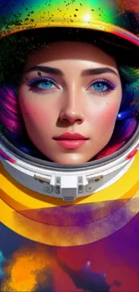 Vibrant digital art of a female astronaut with colorful accents in a cosmic theme.