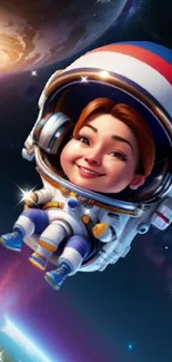 Cheerful cartoon astronaut floating in bright cosmic space wallpaper.