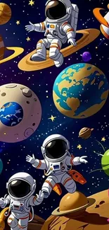 Cartoon astronauts floating in a colorful space scene with planets.