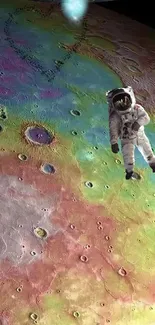 Astronaut exploring colorful lunar landscape mobile wallpaper.