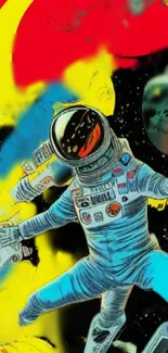 Colorful artwork of astronaut floating in space with vibrant red and yellow hues.